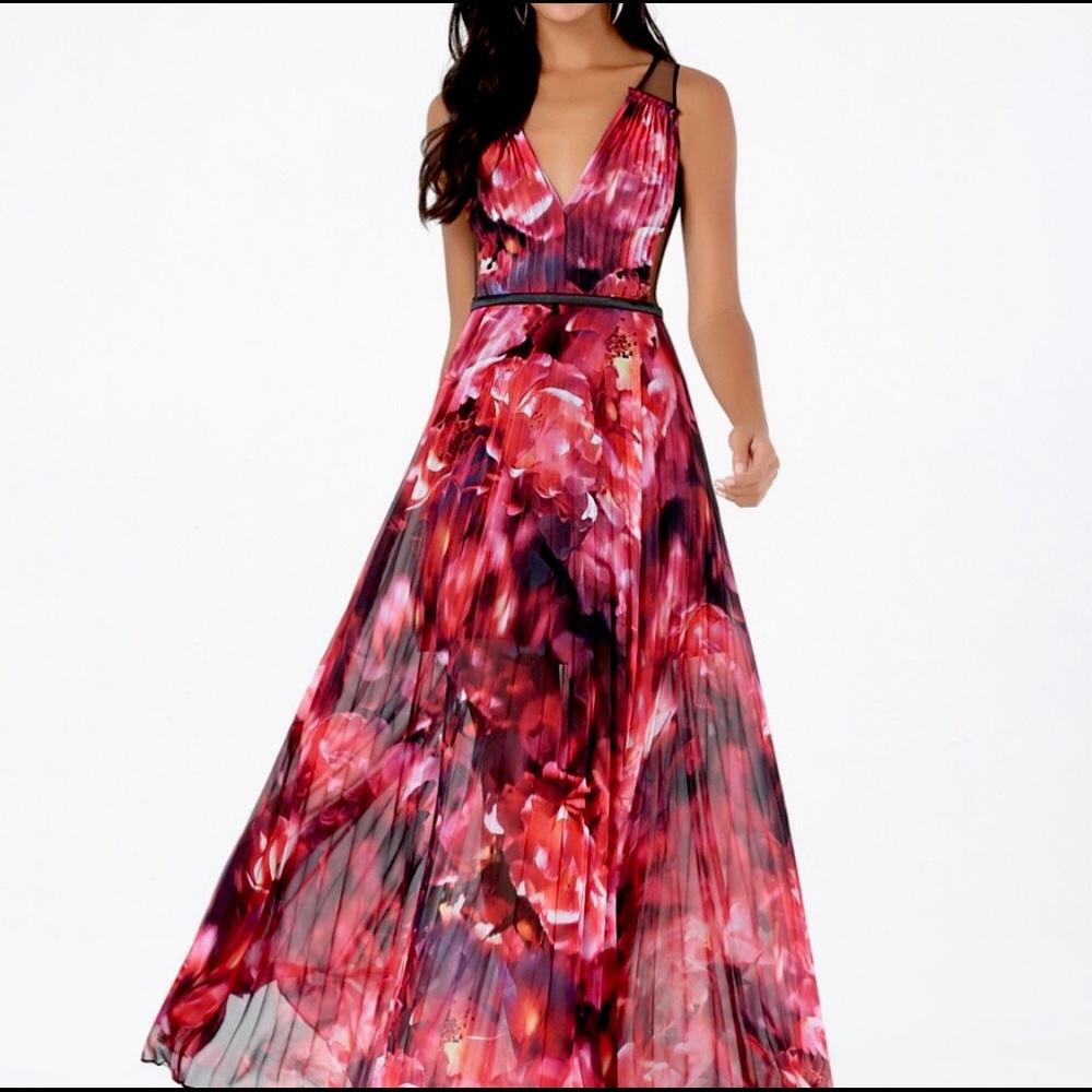 BEBE Pleated Floral Chiffon Red Maxi Dress